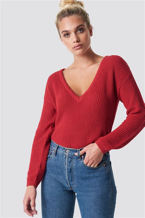 Deep Front V Neck Knitted Sweater Red Na