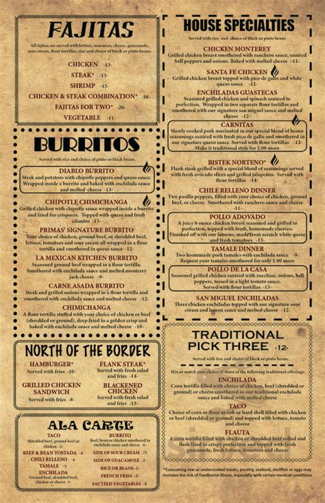 Primas Mexican Kitchen Menu In Springfield Missouri Usa