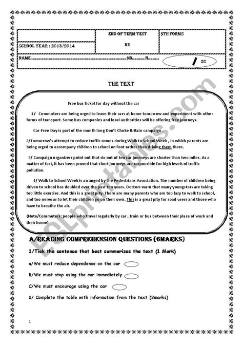 End Of Term Test 2 9th Form ESL Worksheet By Mariouma1