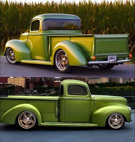 An Old Green Truck Parked In Front Of A Corn Field And Another Photo Of