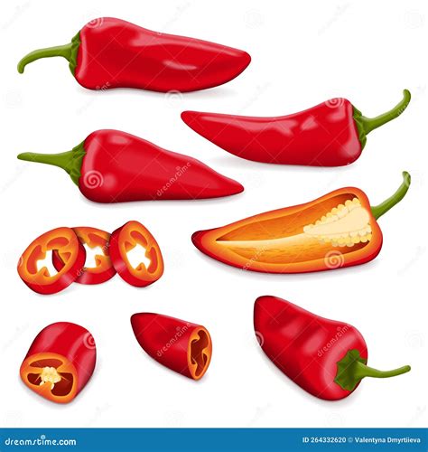 Set Of Red Fresno Chili Peppers Stock Vector Illustration Of Wedges