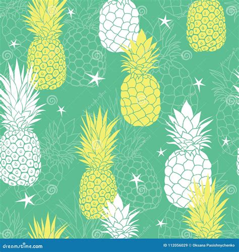 Vector Mint Green And Yellow Pineapples And Stars Summer Tropical