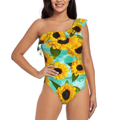 Easygdp Sunflowers With Green Leaves Womens One Shoulder Ruffle