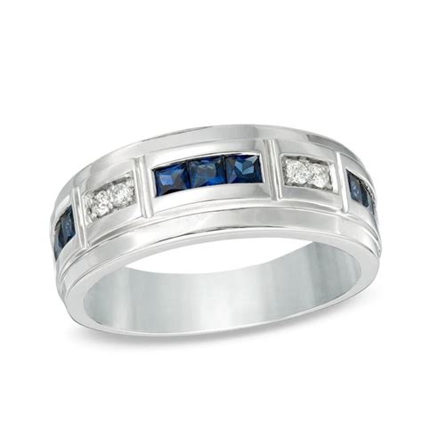 Men S Lab Created Blue Sapphire And 1 10 CT T W Diamond Alternating