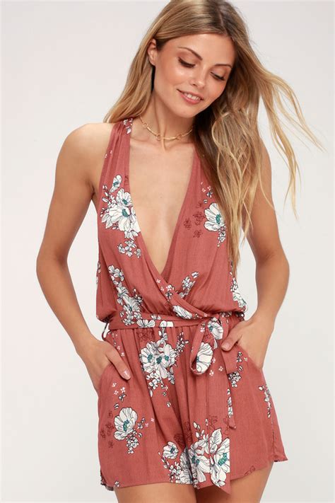 Cute Rusty Rose Floral Print Romper Halter Romper Lulus