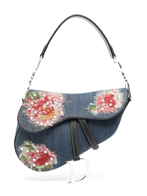 Christian Dior Pre Owned Floral Embroidered Denim Saddle Bag