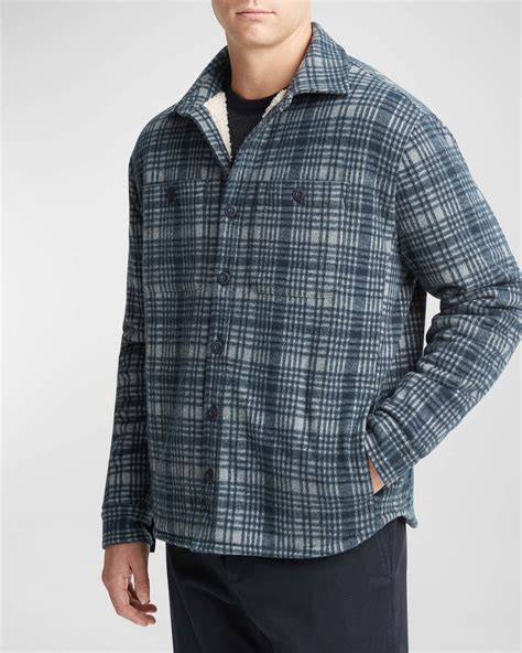 Vince Mens Plaid Sherpa Overshirt Neiman Marcus