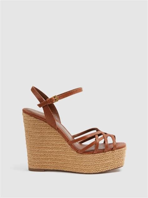 Leather Raffia Platform Wedge Heels In Tan Reiss