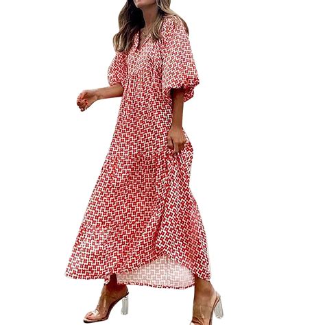 Kunaik Dresses For Women 2024 Clearance Fashion Casual Loose Round Neck Bohemian Floral Dress