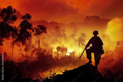 Historic Recreation Of An American Soldier Overlooking A Burning Jungle During A War Silhouette