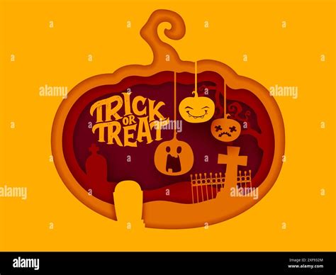 Halloween Paper Cut Banner With Pumpkins And Cemetery Tombstones 3d