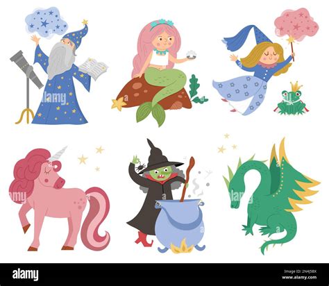 Fairy Tale Characters Collection Vector Set Of Fantasy Witch Unicorn