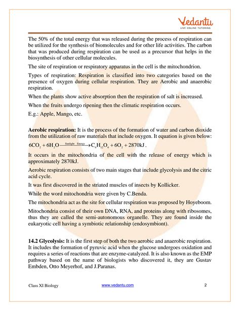 SOLUTION Respiration In Plants Class 11 Notes Cbse Biology Chapter 14