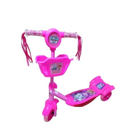 Patinete Patrulha Canina Rosa Infantil Musical Cesta Luzes 3 Rodas