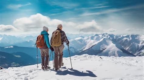 Premium Ai Image Couple Of Hikers With Backpacks Standing On Snowy