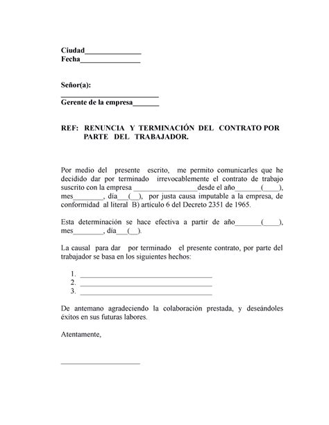 Carta Renuncia Y Terminacion Contrato Trabajador Ciudad Fecha