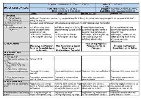 Piling Larang Week Filipino Daily Lesson Log School Dimanayat