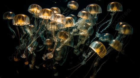 Group Of Jellyfish Floating In The Dark Background A Swarm Of