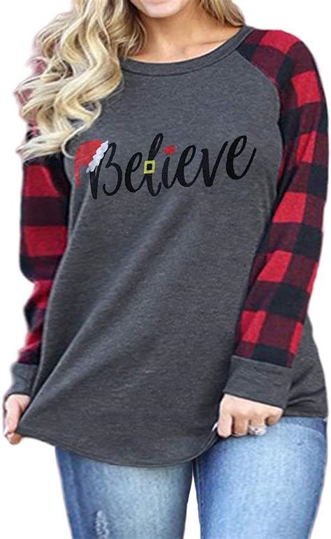 Plus Size Christmas Tops For Women Casual Plaid Long Sleeve T Shirts F 18w Amazon Ca Clothing