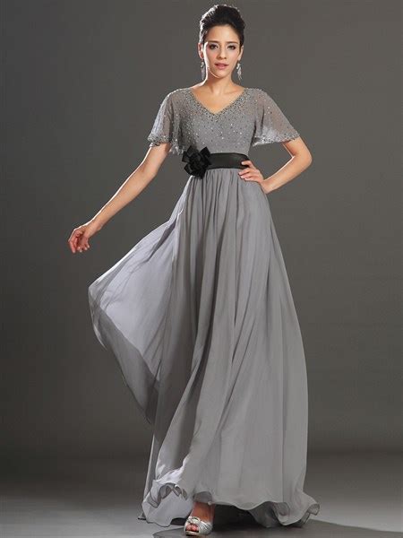 Grey Chiffon A Line V Neck Cap Sleeve Prom Dress With Illusion Lace