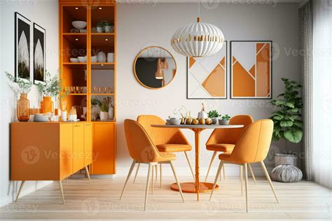 Interior design of modern dining room with orange furniture ...