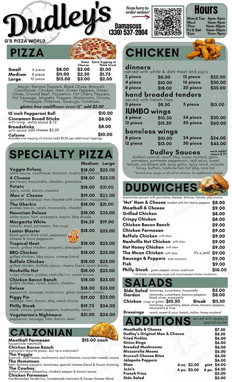 Menu At Dudleys Gs Pizza World Pizzeria Damascus