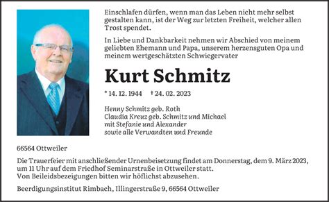 Traueranzeigen Von Kurt Schmitz Saarbruecker Zeitung Trauer De