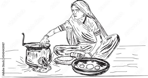 Fototapeta Indian Village Woman Making Food In Ancient Or Old Kitchen