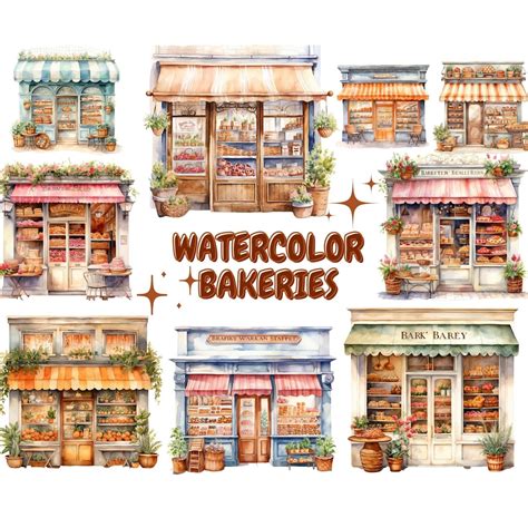 Watercolor Bakery Storefronts Clipart Cute Bakery Shop Etsy