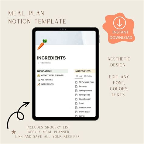 Notion Meal Plan Template Notion Digital Meal Dashboard Notion Recipe