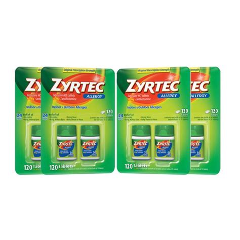 4 Pack Zyrtec 24 Hour Allergy Relief Antihistamine Cetirizine Hcl 10