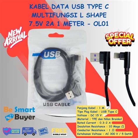 Promo Kabel Charger USB Type C L Shape 2 4A Elbow Bengkok Angle Siku