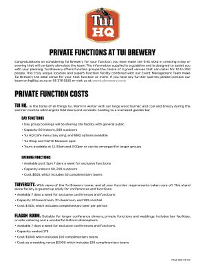 Fillable Online Private Functions At Tui Brewery Private Function Costs