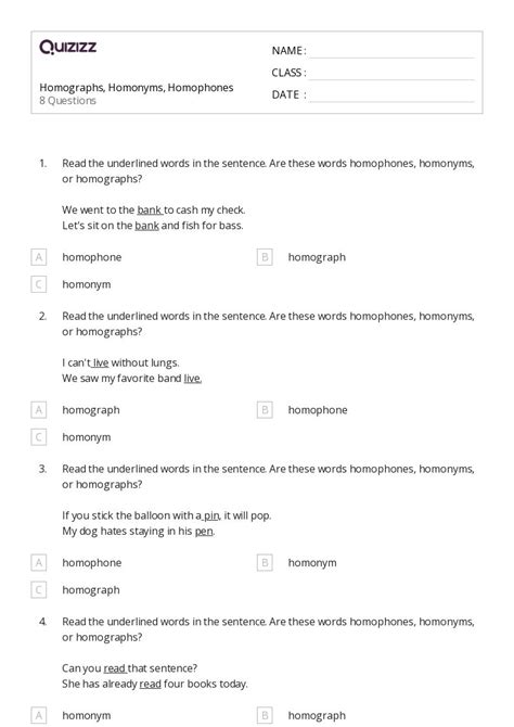 Homophones And Homographs Worksheets On Quizizz Free Printable