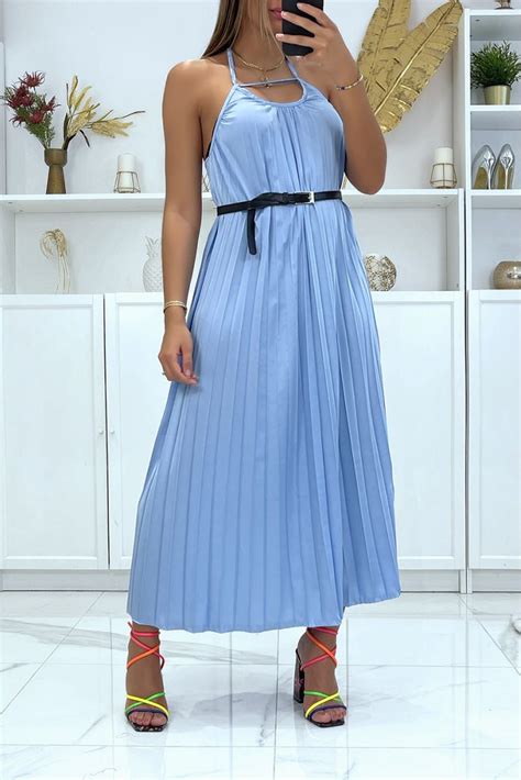 Longue Robe Pliss Turquoise Bretelle Avec Ceinture