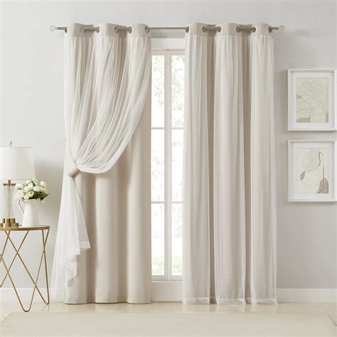 Bujasso Beige 90% Blackout Curtains with Sheer Overlay Mix and Match Double Layer Thermal ...