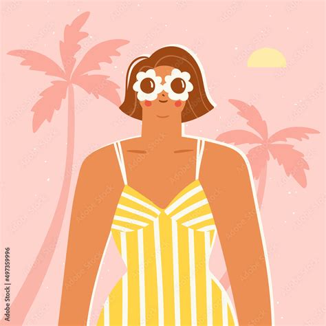 Stylish Girl Wearing Floral Sunglasses At A Beach Vector Illustration Of The Summer Vacation