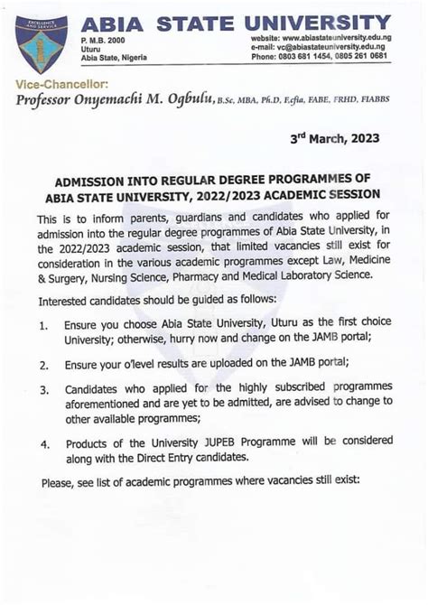 Abia State University Absu Releases Supplementary Admission Form For