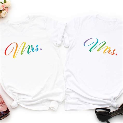 Mrs Mrs Lesbian Couple Rainbow Shirt Lesbian Wedding Gift Pride Engagement Tee Lgbtq Bridal