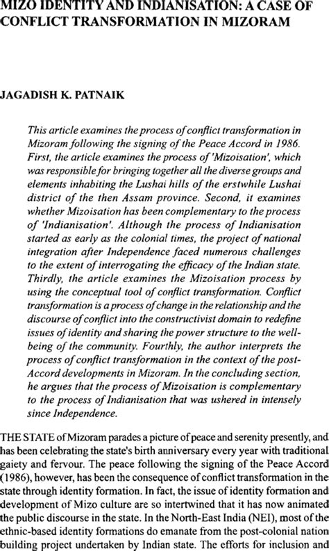 Mizo Identity And Indianisation A Case Of Conflict Transformation In