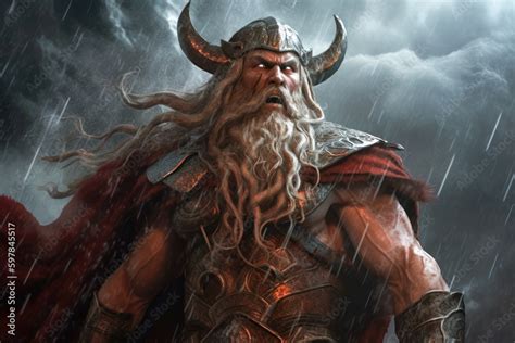 Powerful and imposing depiction of Thor, Norse god of thunder, with ...