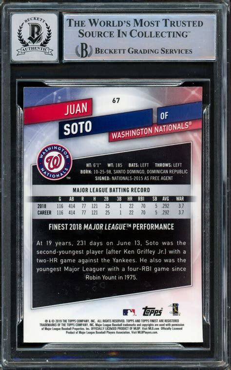 Juan Soto Autographed 2019 Topps Finest Card Yankees Gem 10 Auto