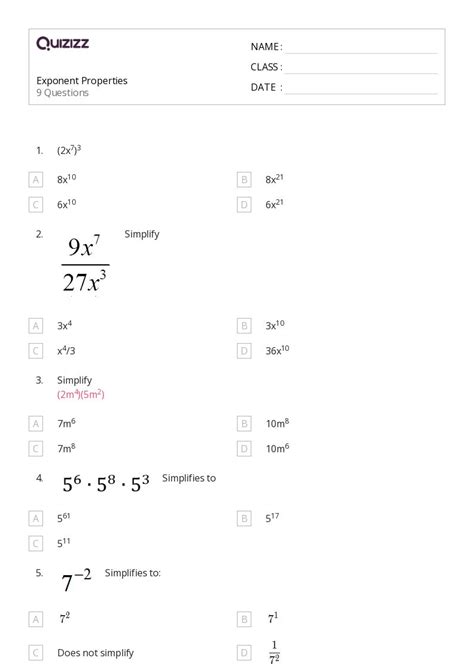 50 Properties Of Exponents Worksheets For 5th Grade On Quizizz Free And Printable