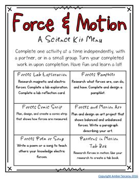 Force And Motion Choice Board By Amber Socaciu Tpt