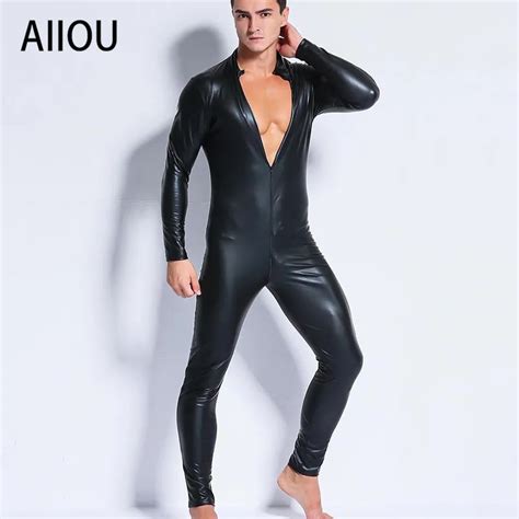 Aiiou Sexy Mens Black Faux Leather Jumpsuits Long Sleeves Deep V