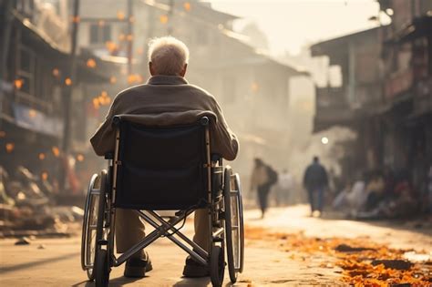 Hombre De Edad Avanzada En Silla De Ruedas Paseando Por La Ciudad De