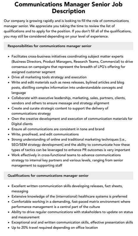 Communications Manager Senior Job Description Velvet Jobs