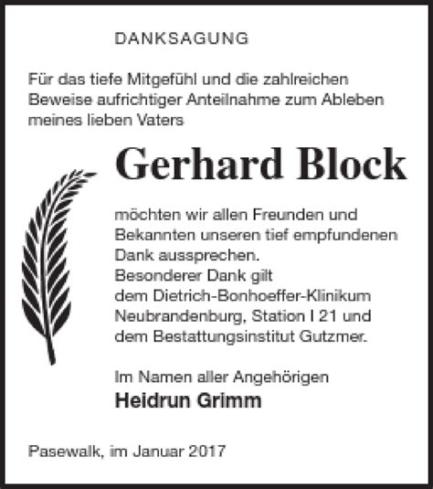 Traueranzeigen Von Gerhard Block Trauer Nordkurier