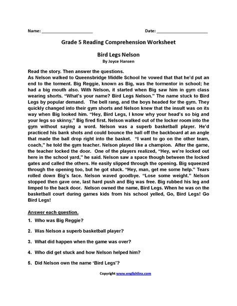 Reading Comprehension Worksheet Grade 5 Reading Comprehension Worksheets