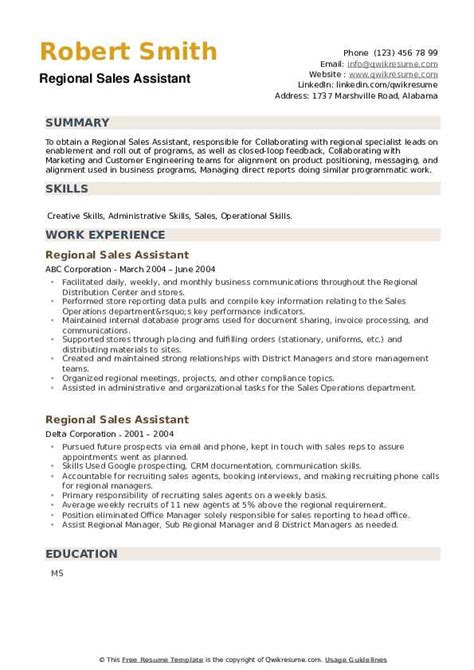 Regional Sales Assistant Resume Samples Qwikresume